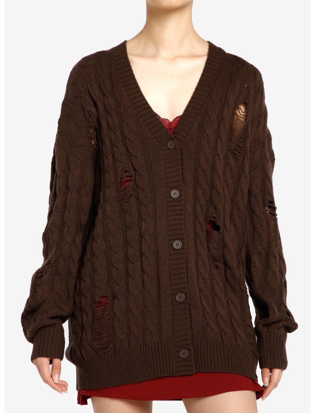 Thorn & Fable Brown Destructed Girls Boxy Knit Cardigan, BROWN, hi-res