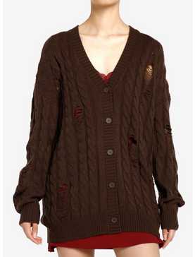 Thorn & Fable Brown Destructed Girls Boxy Knit Cardigan, , hi-res