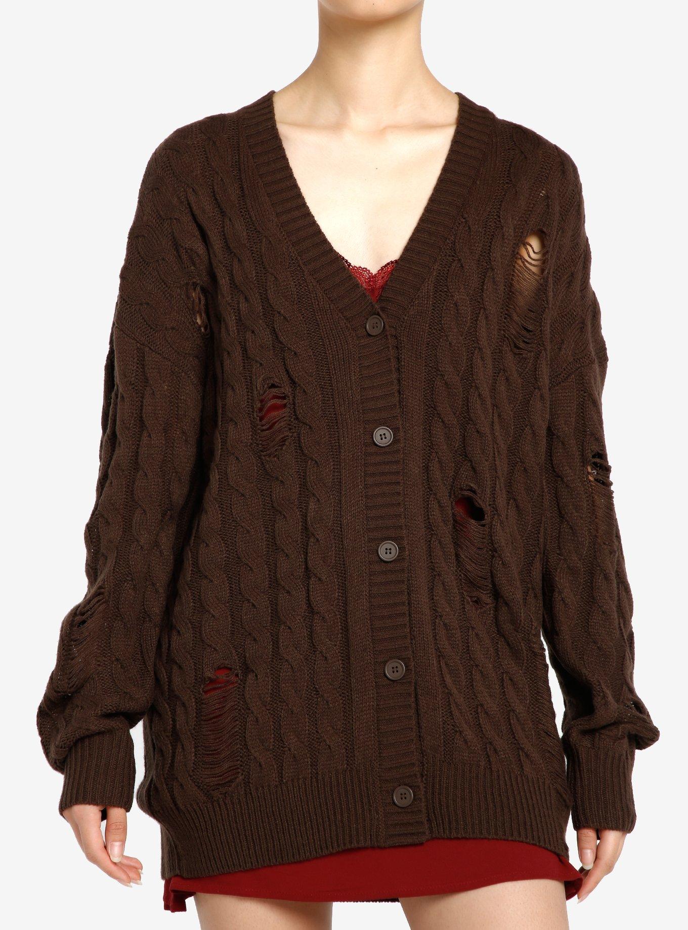 Thorn & Fable Brown Destructed Girls Boxy Knit Cardigan, BROWN, hi-res
