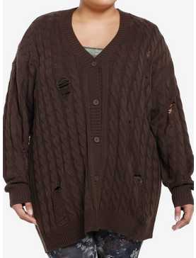 Thorn & Fable Brown Destructed Girls Boxy Knit Cardigan Plus Size, , hi-res