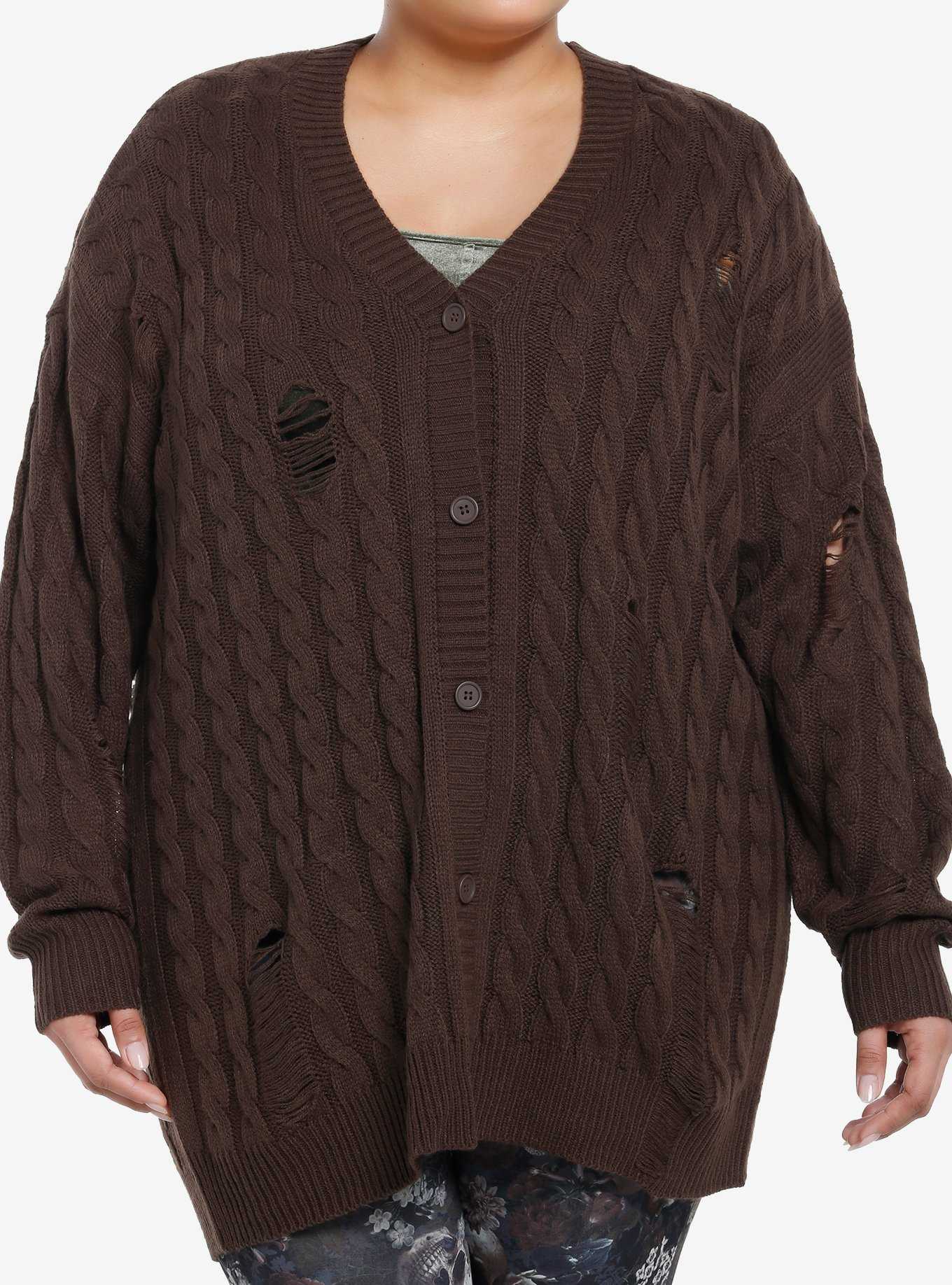 Thorn & Fable Brown Destructed Girls Boxy Knit Cardigan Plus Size, , hi-res