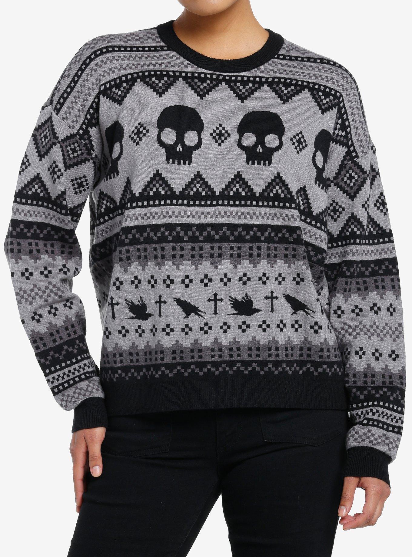 Social Collision Skull & Raven Grandpa Style Girls Sweater, BLACK, hi-res