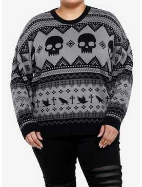 Social Collision Skull & Raven Grandpa Style Girls Sweater Plus Size, , hi-res