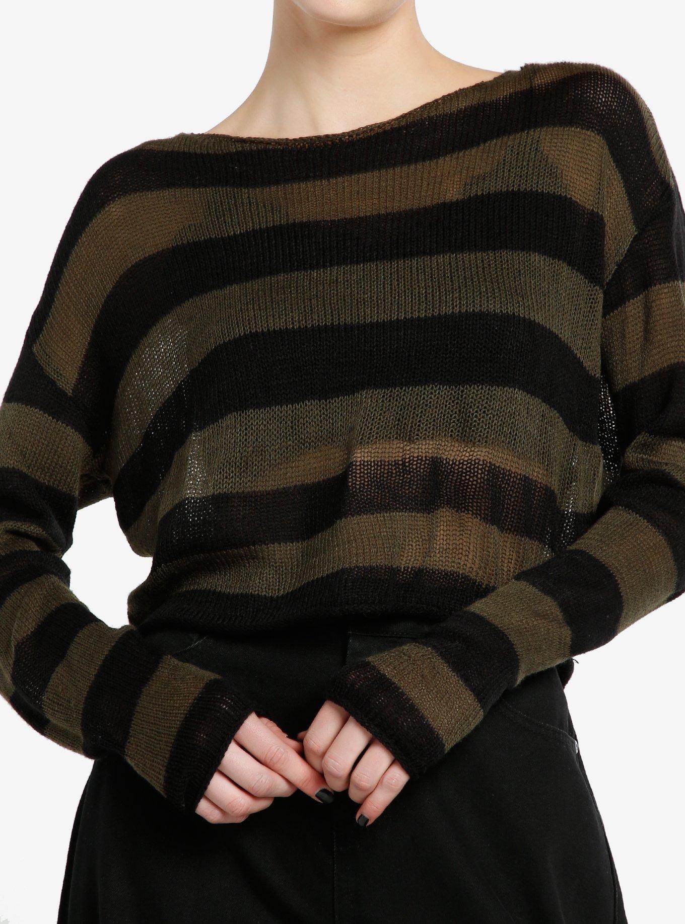 Social Collision Green & Black Stripe Girls Crop Sweater, BLACK, hi-res