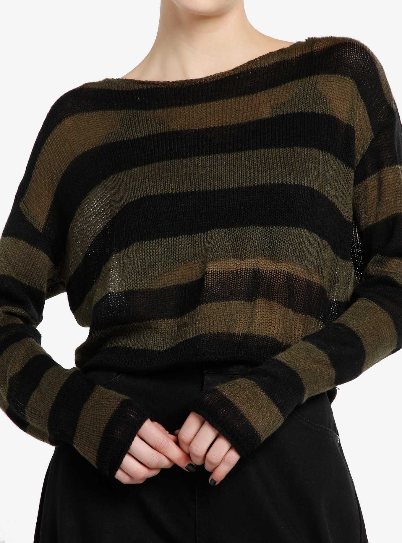 Social Collision Green & Black Stripe Girls Crop Sweater, , hi-res