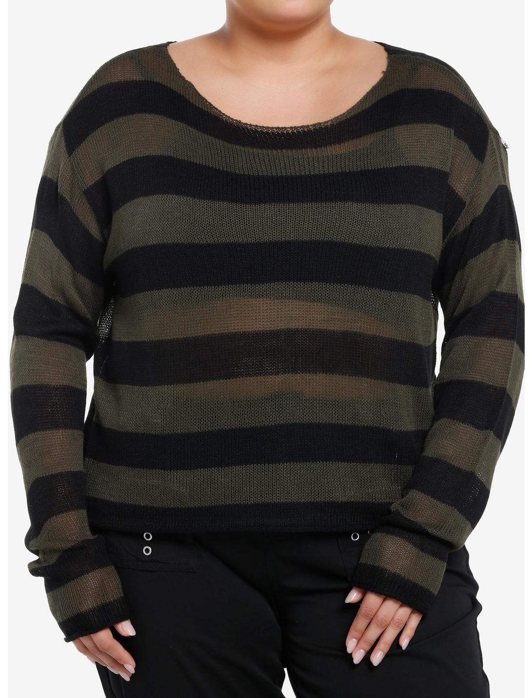 Social Collision Green & Black Stripe Crop Girls Sweater Plus Size, BLACK, hi-res