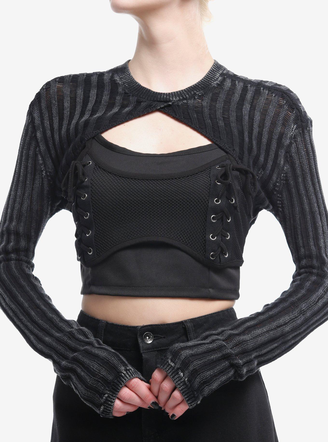 Social Collision Dark Wash Open Bolero Girls Crop Shrug, BLACK, hi-res