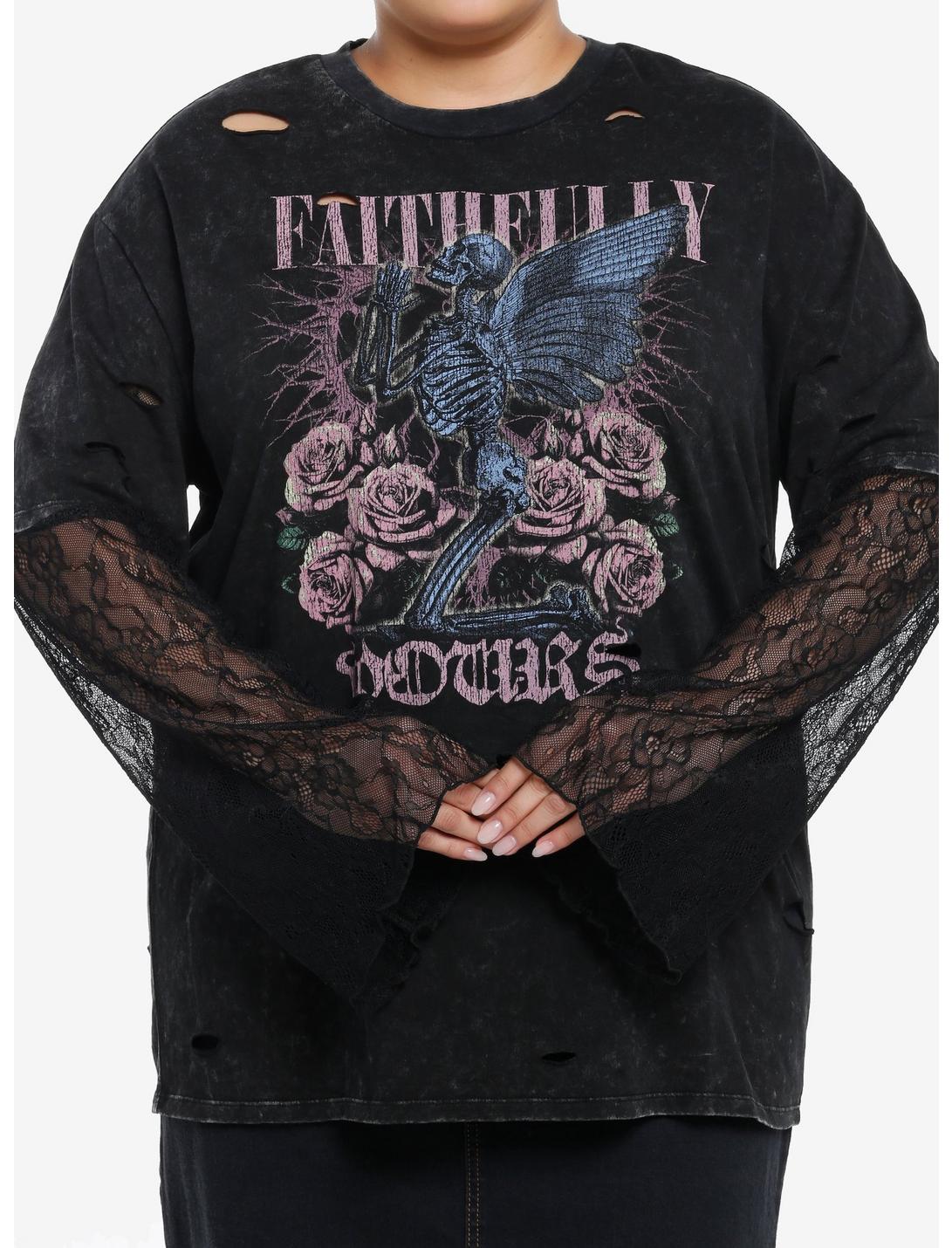 Thorn & Fable Faithfully Yours Lace Sleeve Girls Twofer Long-Sleeve T-Shirt Plus Size, MAUVE, hi-res