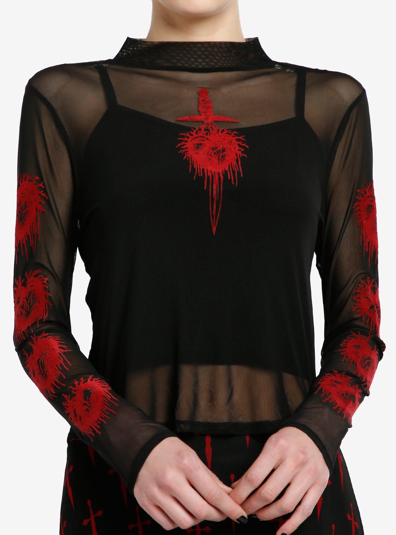 Social Collision Red Heart Dagger Black Mesh Girls Twofer Long-Sleeve Top, RED, hi-res