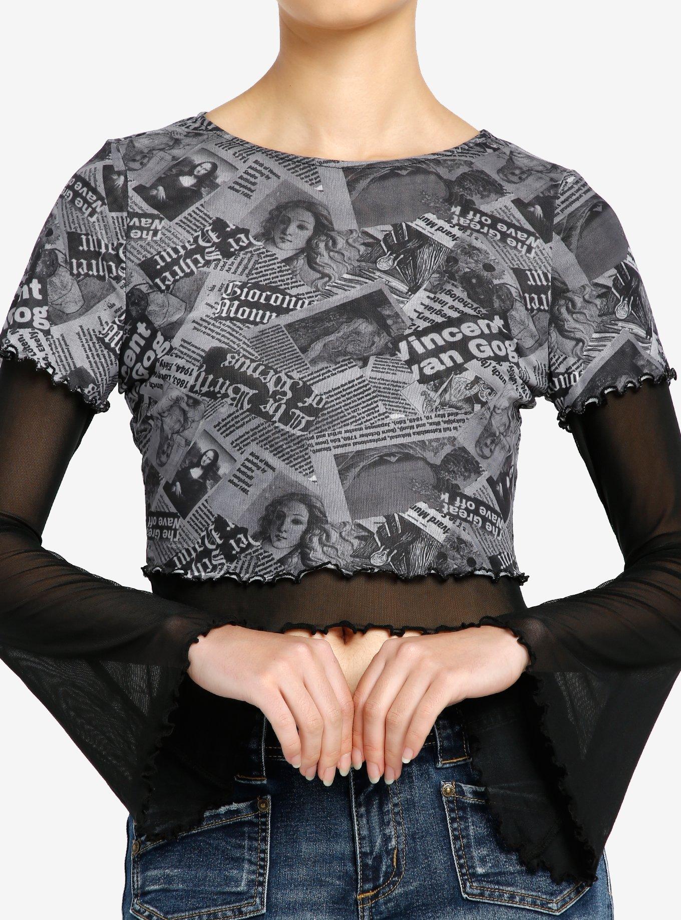 Social Collision Newsprint Mesh Sleeve Girls Twofer Top, GREY, hi-res