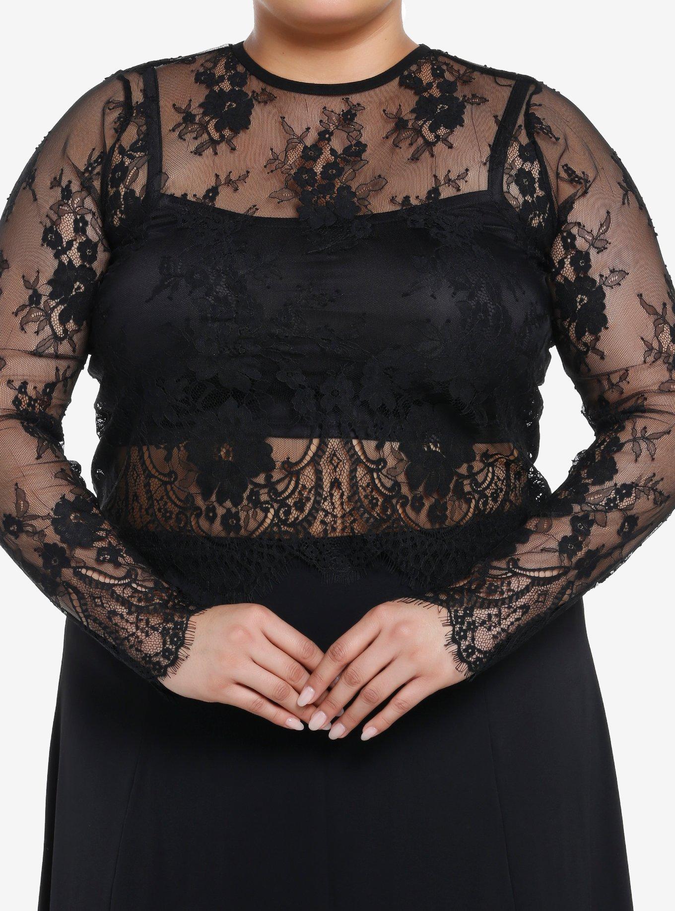 Cosmic Aura Black Floral Lace Girls Twofer Long-Sleeve Top