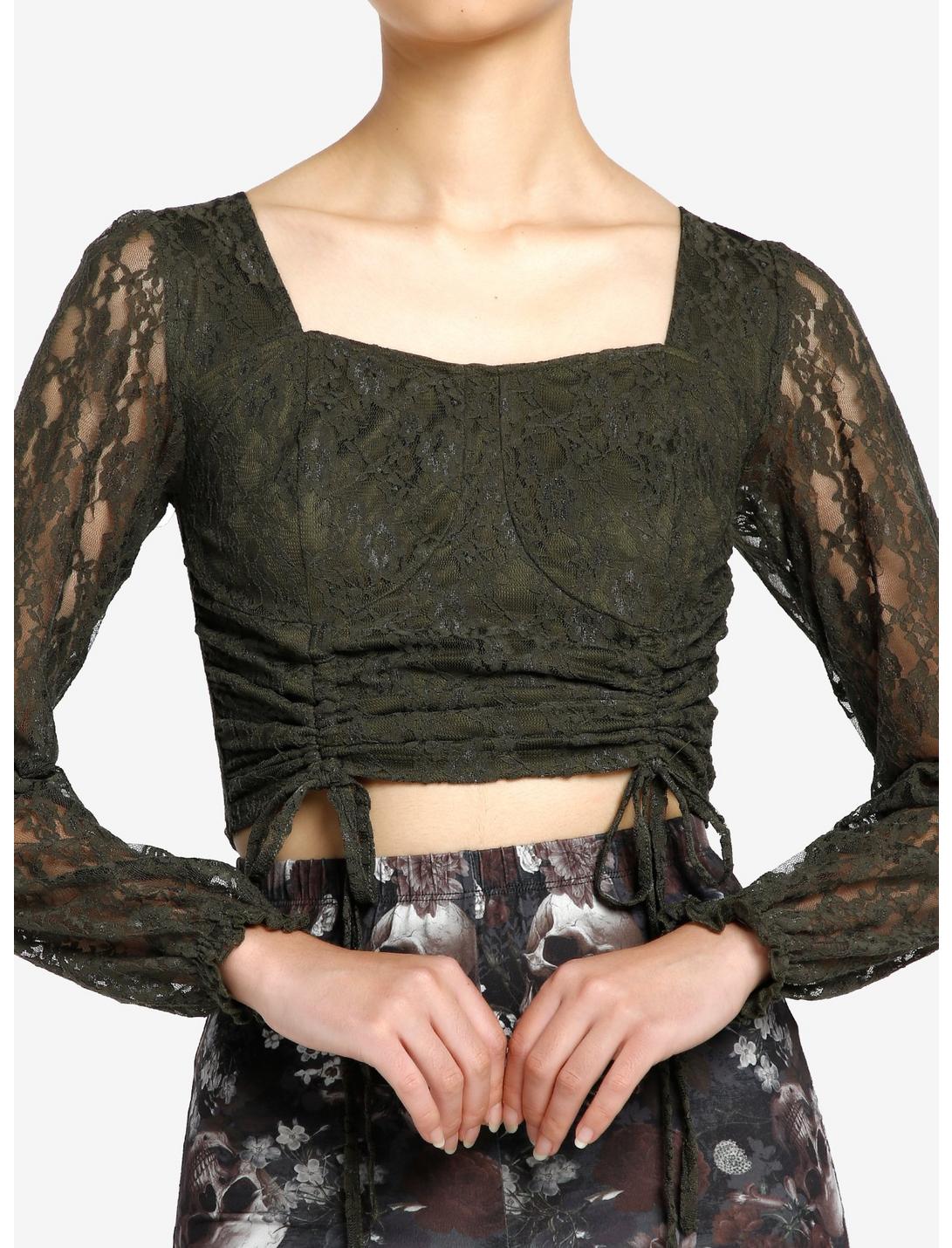 Thorn & Fable Green Lace Ruched Girls Crop Long-Sleeve Top, GREEN, hi-res