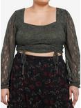 Thorn & Fable Green Lace Ruched Girls Crop Long-Sleeve Top Plus Size, GREEN, hi-res