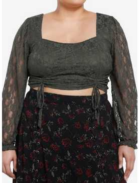 Thorn & Fable Green Lace Ruched Girls Crop Long-Sleeve Top Plus Size, , hi-res