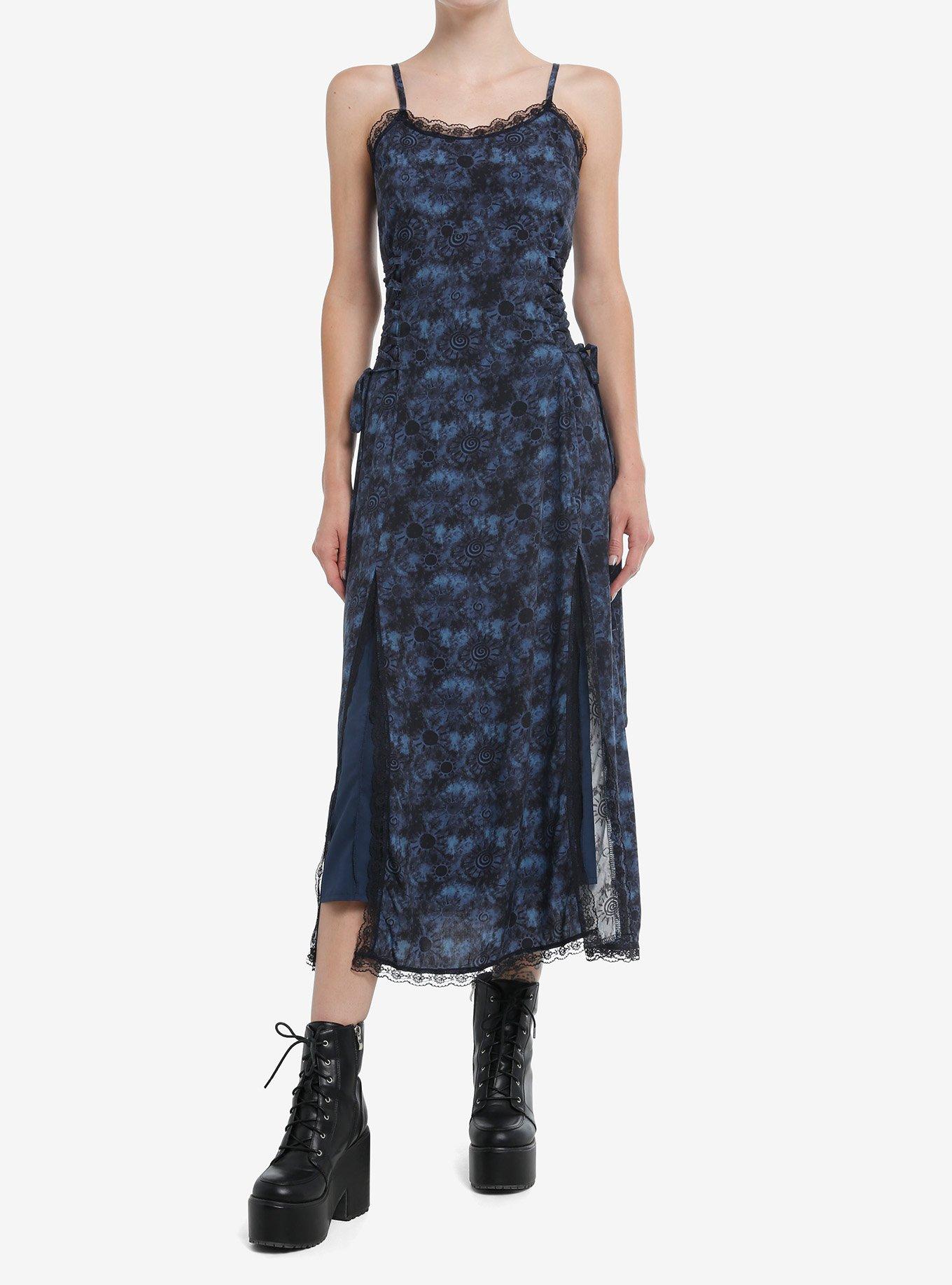 Cosmic Aura Blue Swirl Wash Side Slit Midi Dress, , hi-res