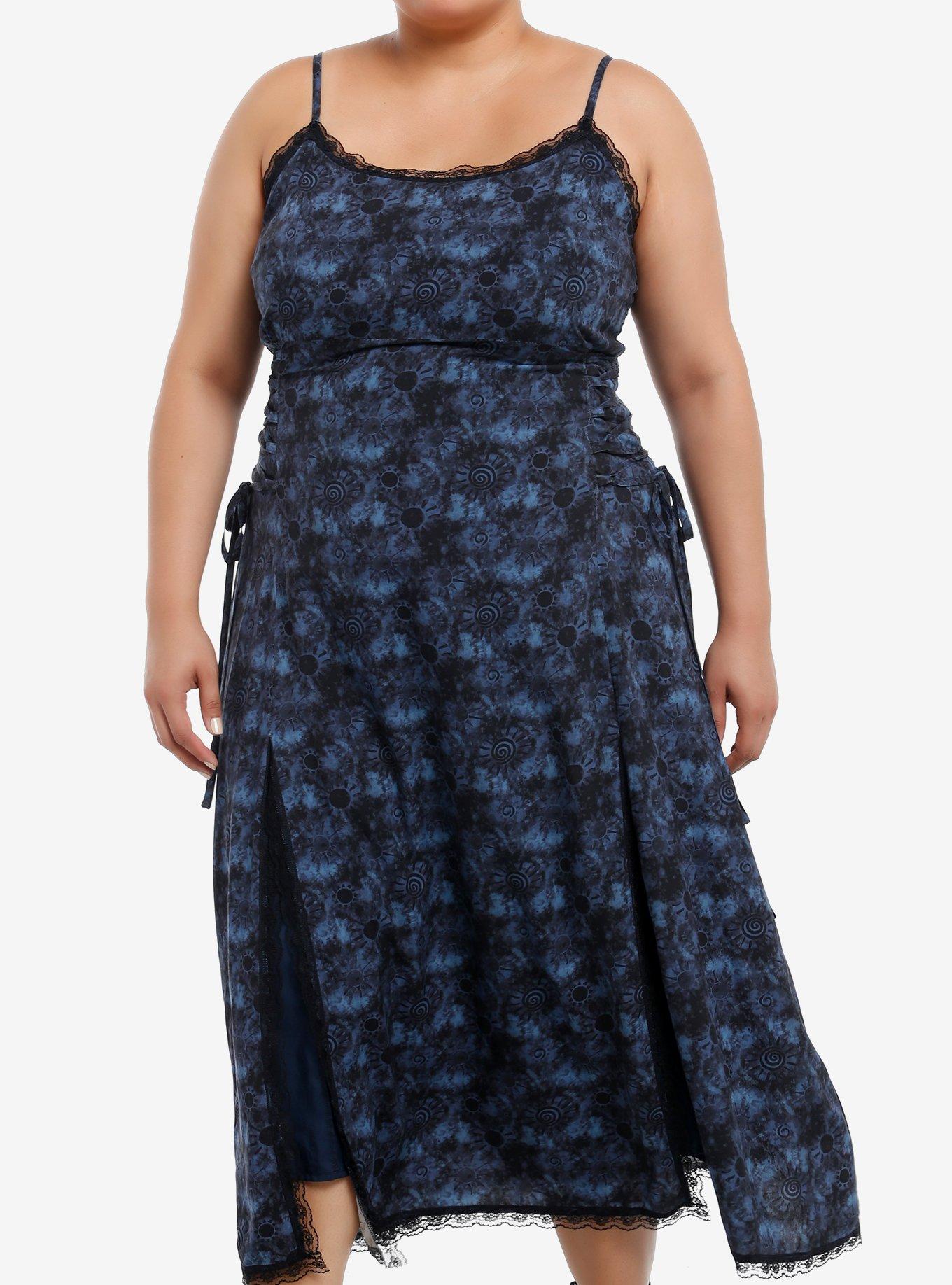 Cosmic Aura Blue Swirl Wash Side Slit Midi Dress Plus Size, , hi-res