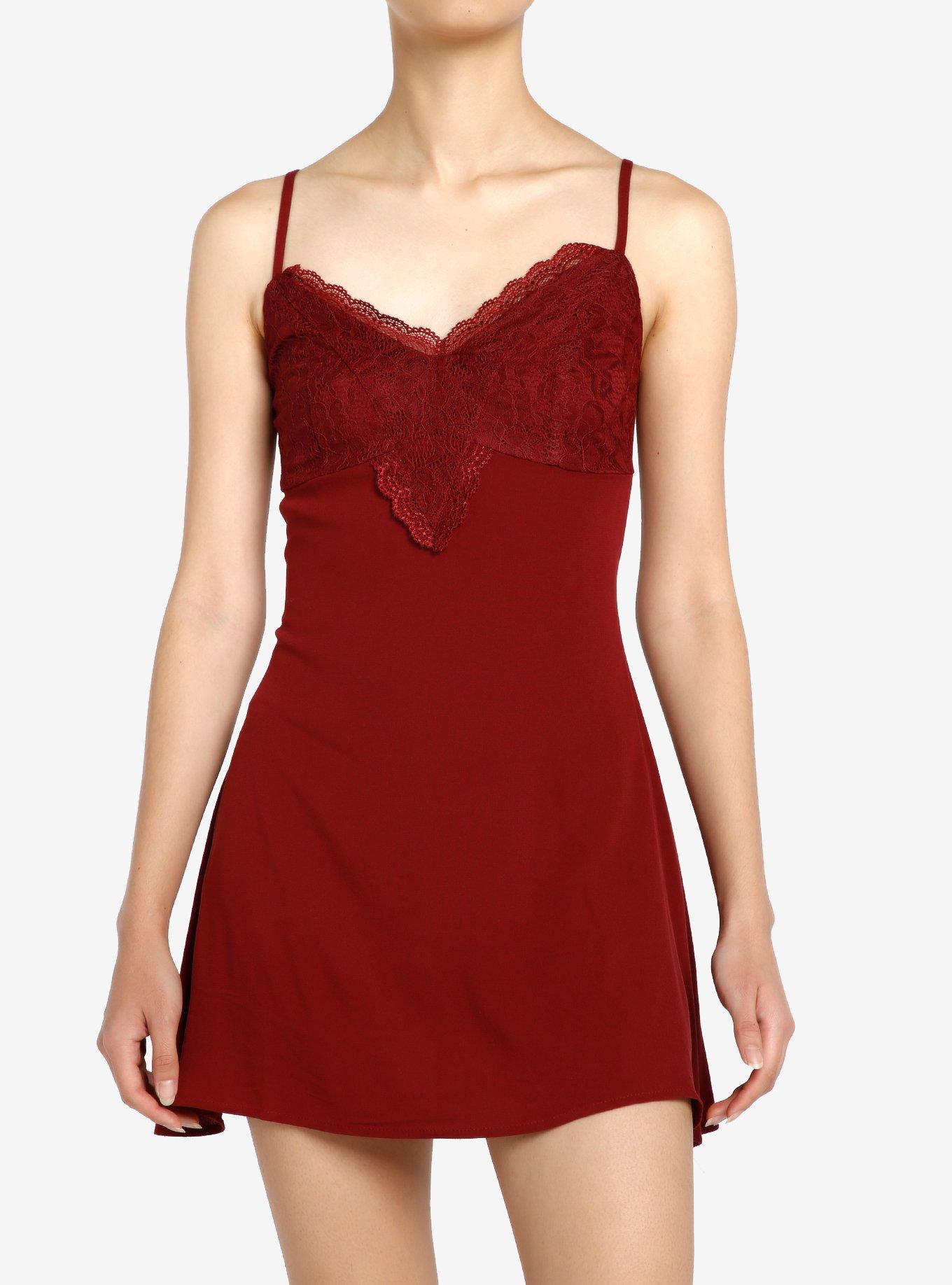 Thorn & Fable Maroon Lace Slip Dress, , hi-res