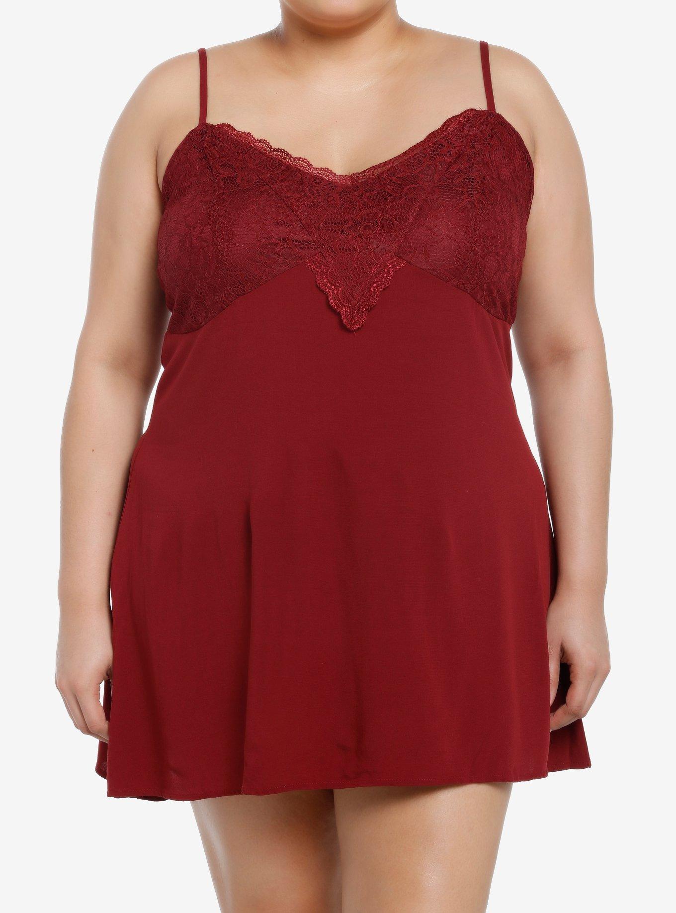 Thorn & Fable Maroon Lace Slip Dress Plus Size, PURPLE, hi-res