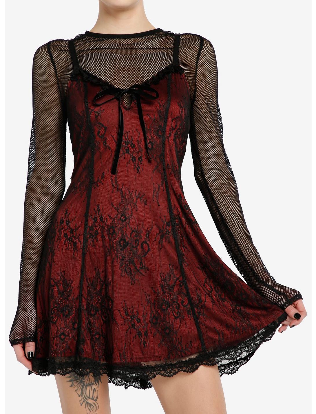 Social Collision Black & Red Lace Twofer Long-Sleeve Dress, BLACK, hi-res