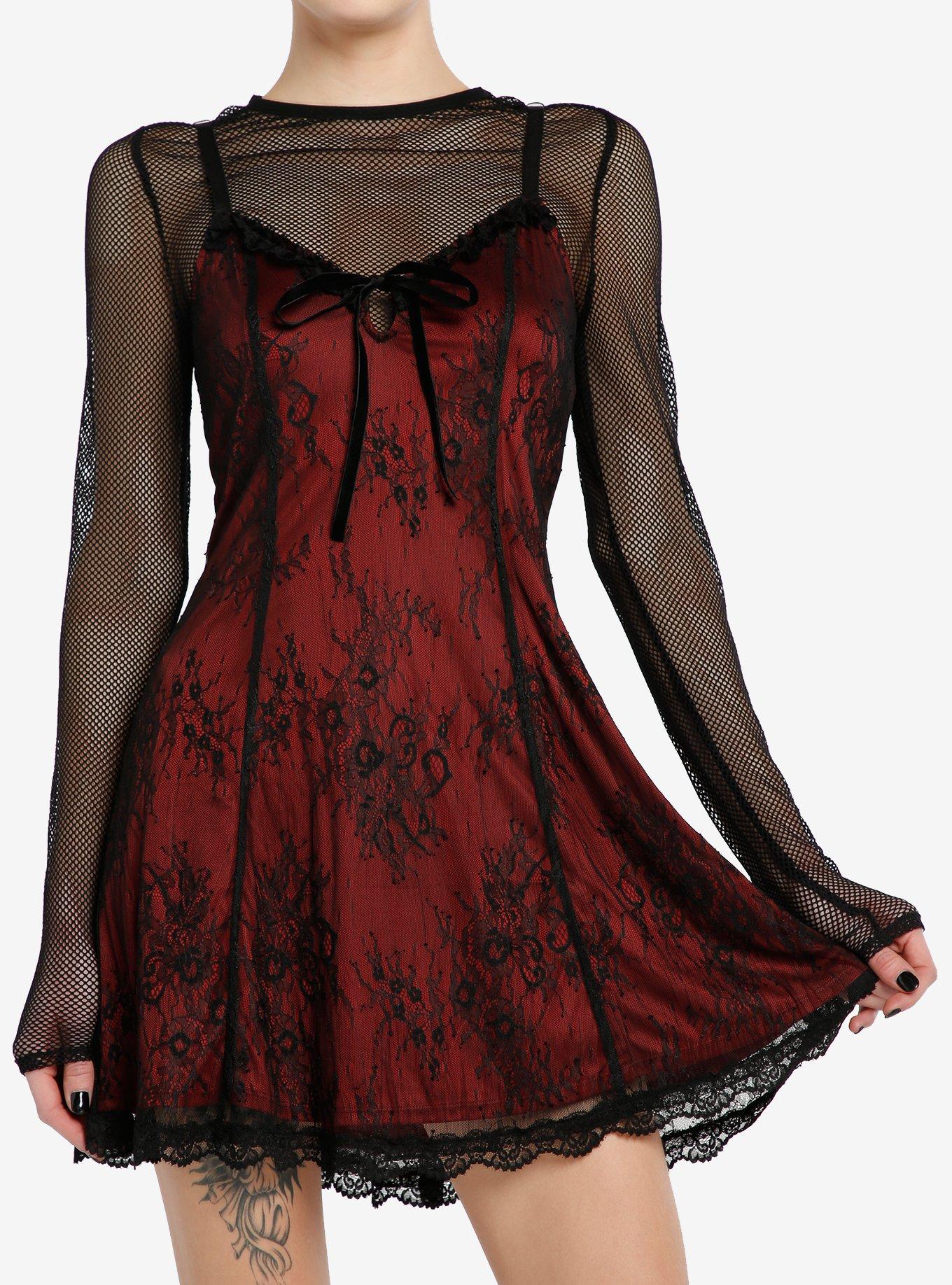 Social Collision Black & Red Lace Twofer Long-Sleeve Dress, BLACK, hi-res