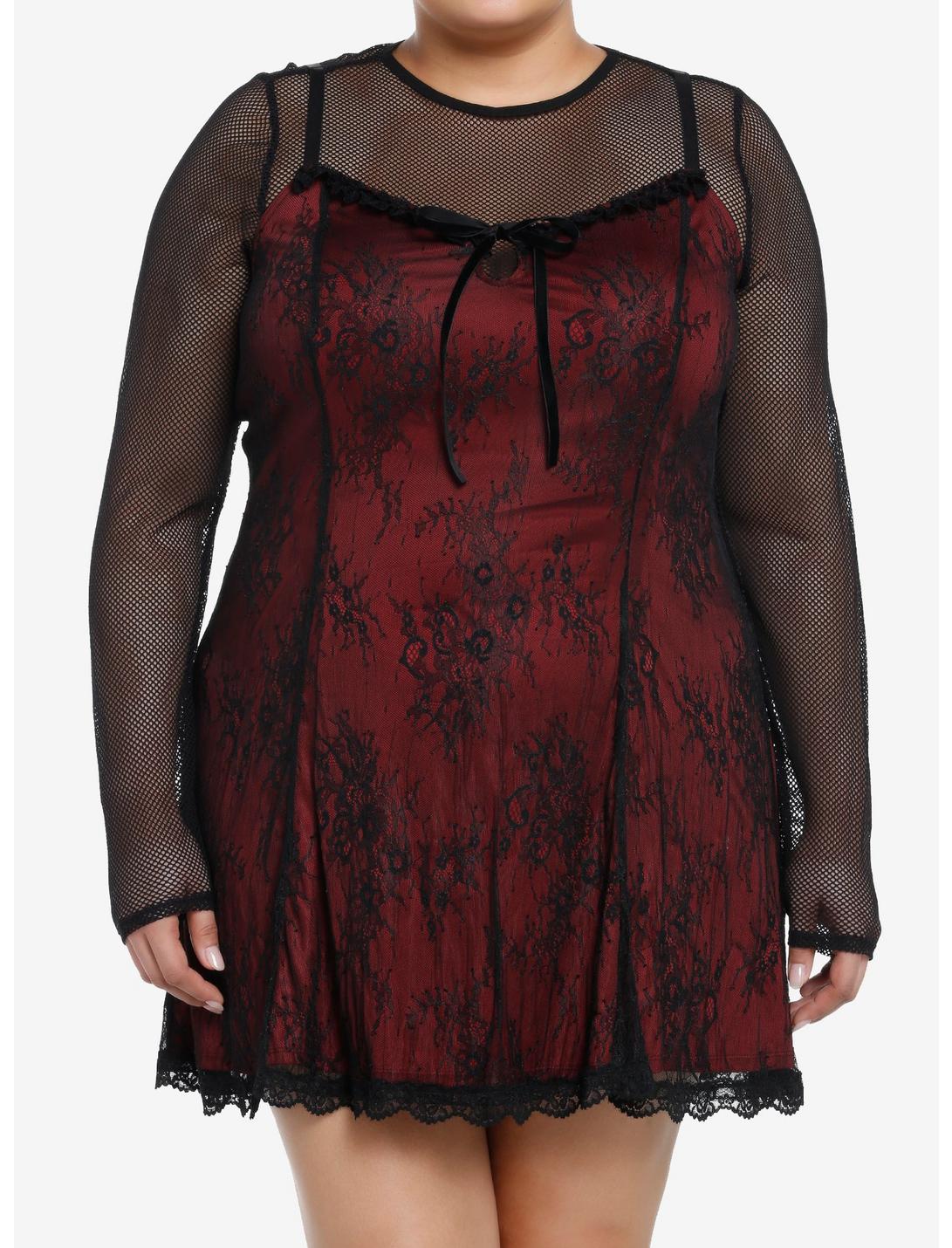 Social Collision Black & Red Lace Twofer Long-Sleeve Dress Plus size, BLACK, hi-res