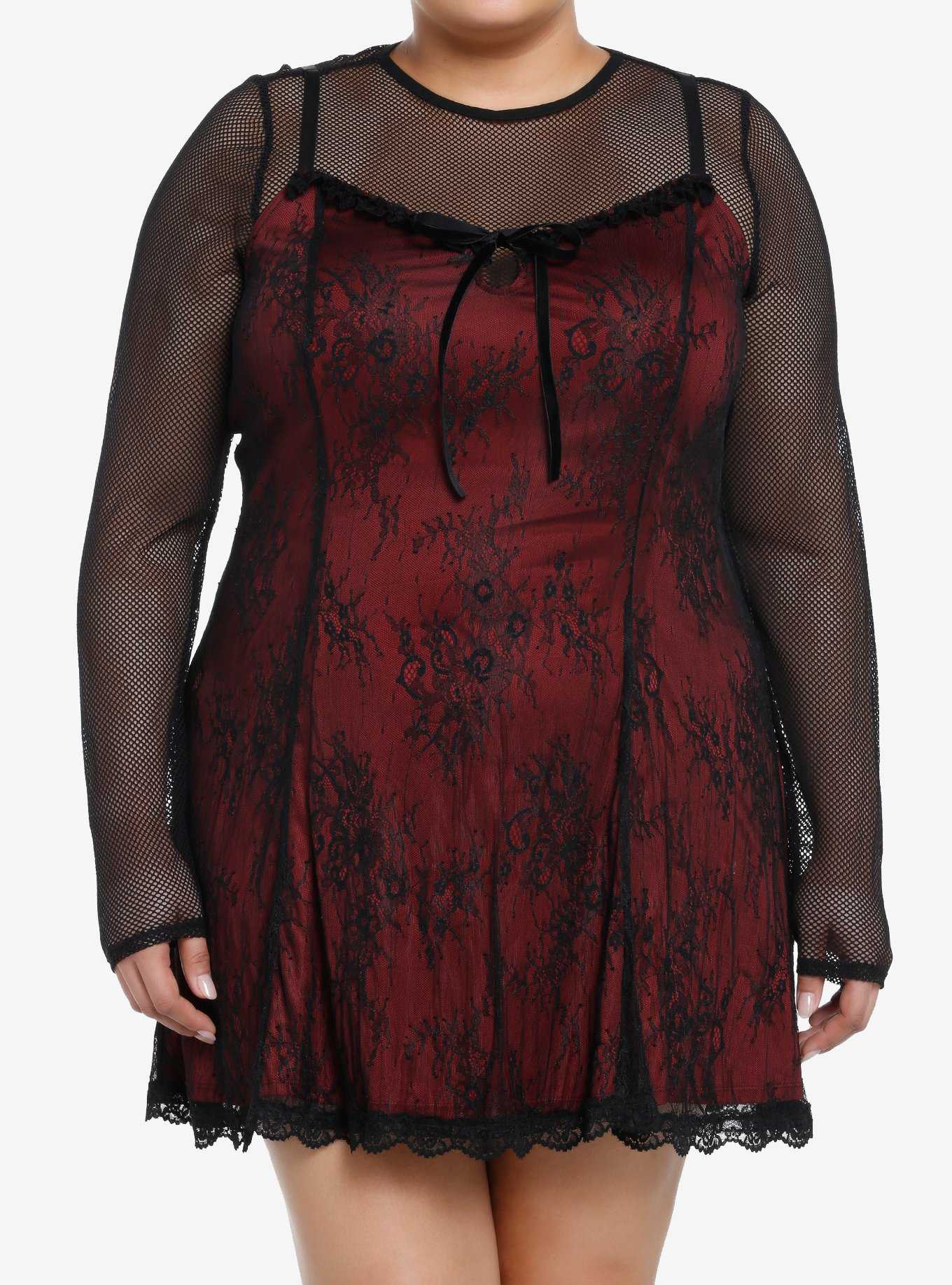 Social Collision Black & Red Lace Twofer Long-Sleeve Dress Plus size, , hi-res