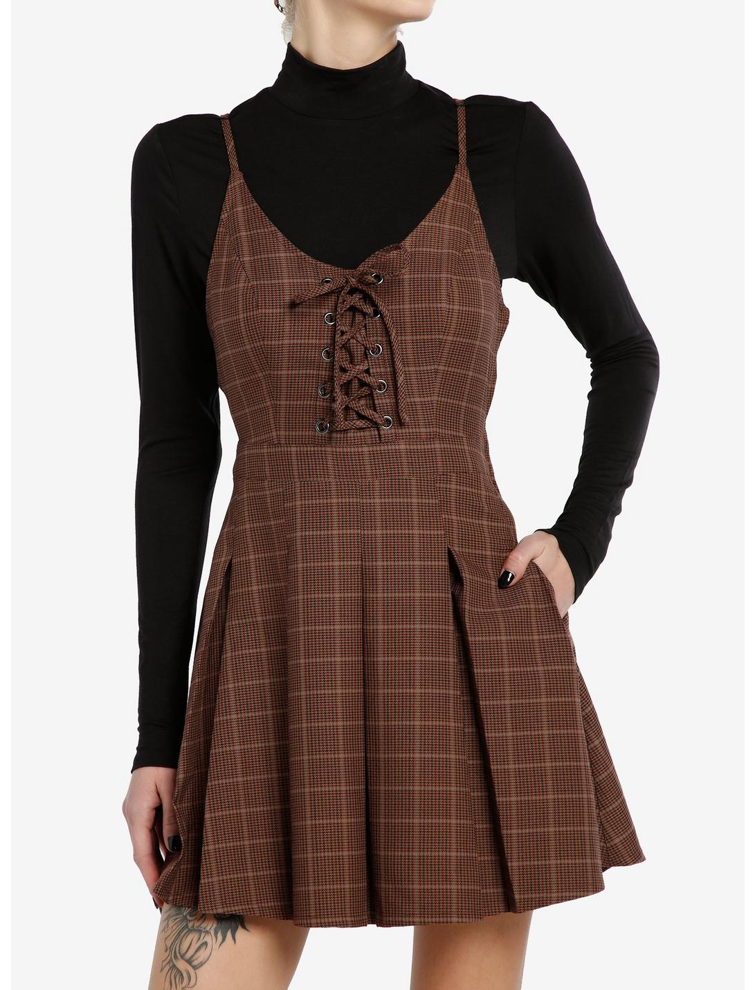 Social Collision Brown Plaid Long-Sleeve Twofer Dress, BLACK, hi-res