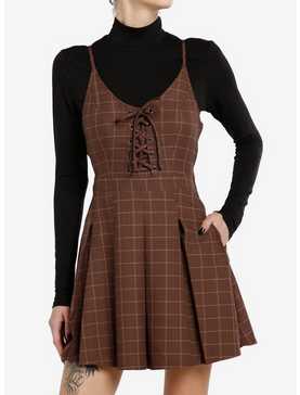 Social Collision Brown Plaid Long-Sleeve Twofer Dress, , hi-res