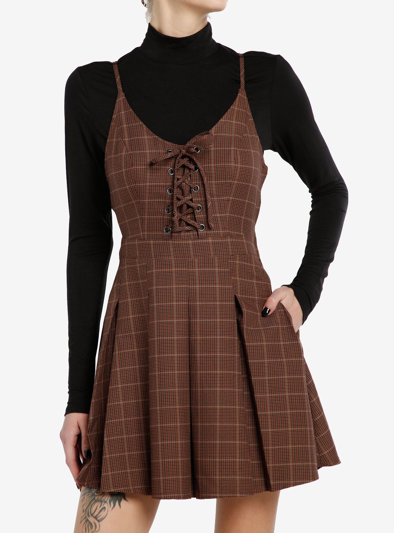 Social Collision Brown Plaid Long-Sleeve Twofer Dress, BLACK, hi-res