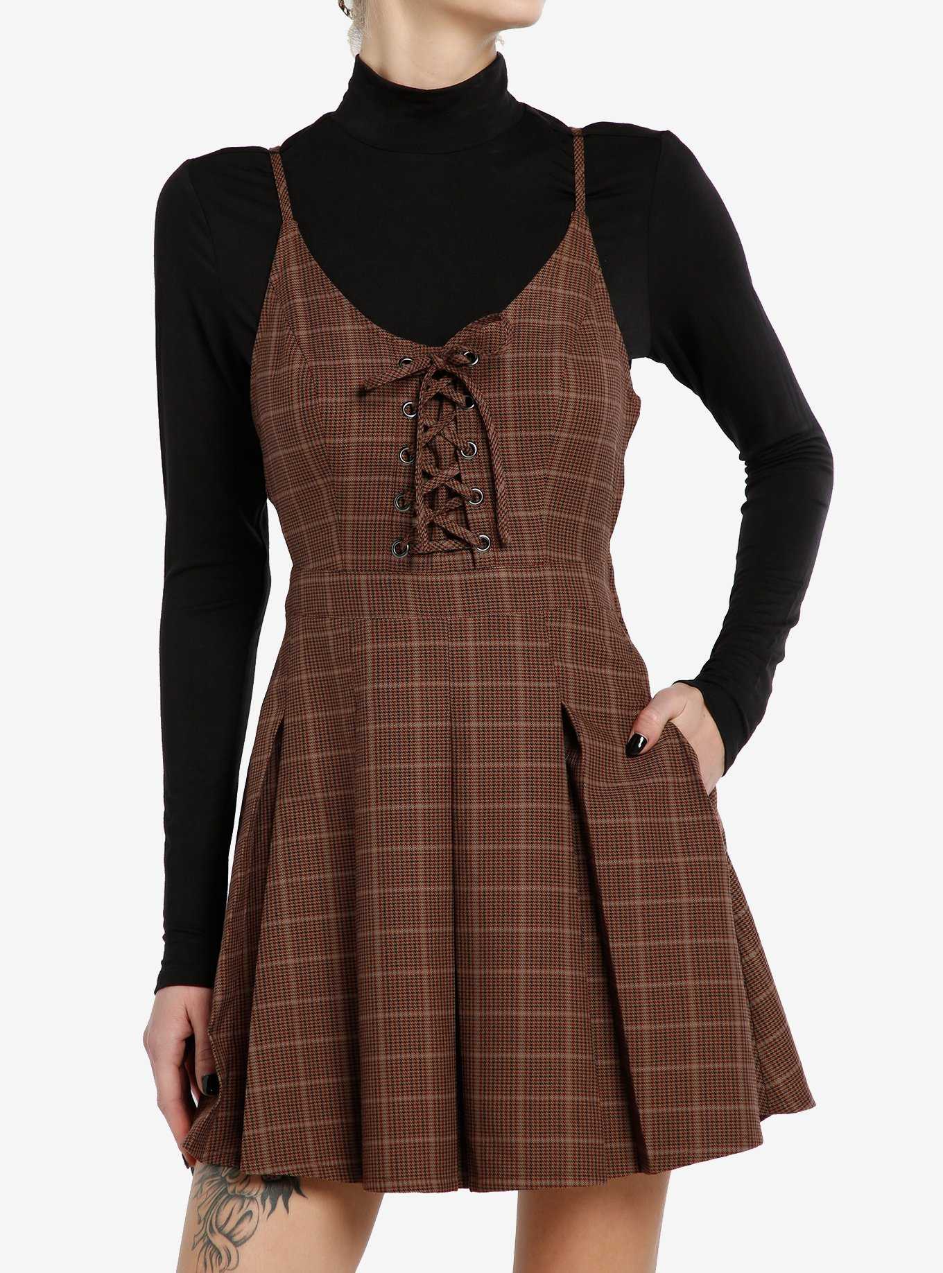 Social Collision Brown Plaid Long-Sleeve Twofer Dress, , hi-res