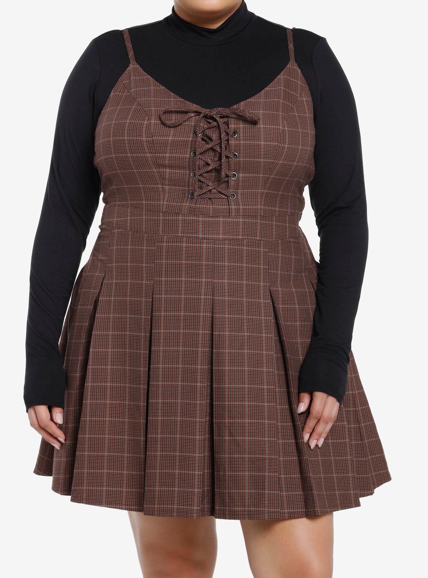 Social Collision Brown Plaid Long-Sleeve Twofer Dress Plus Size