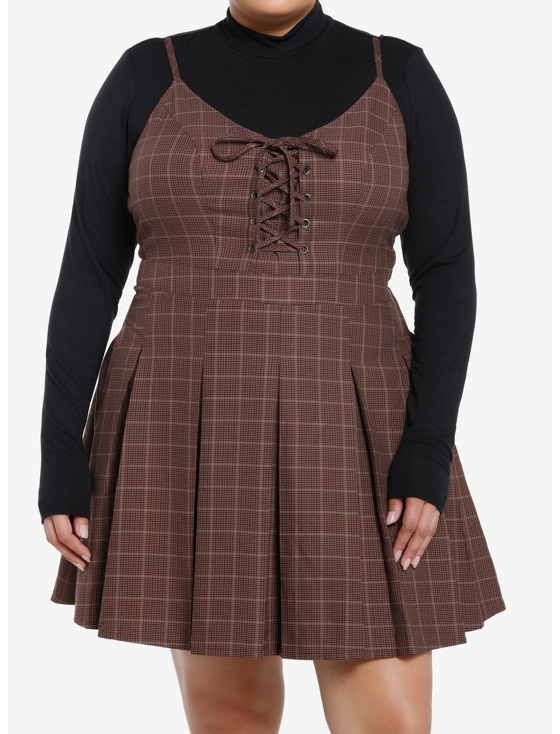 Social Collision Brown Plaid Long-Sleeve Twofer Dress Plus Size, BLACK, hi-res