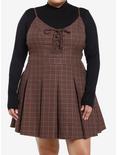 Social Collision Brown Plaid Long-Sleeve Twofer Dress Plus Size, BLACK, hi-res