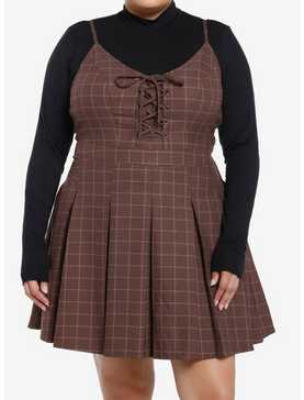 Social Collision Brown Plaid Long-Sleeve Twofer Dress Plus Size, , hi-res