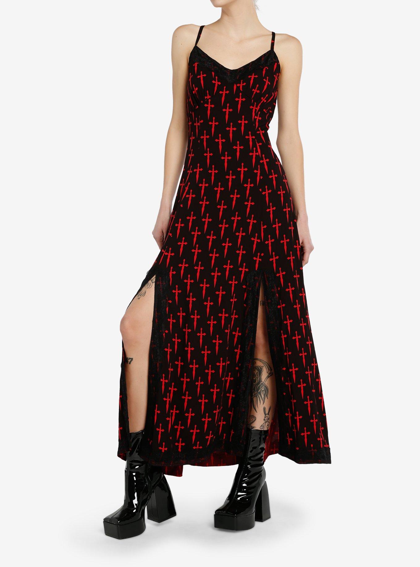 Social Collision Black & Red Dagger Maxi Slip Dress, RED, hi-res