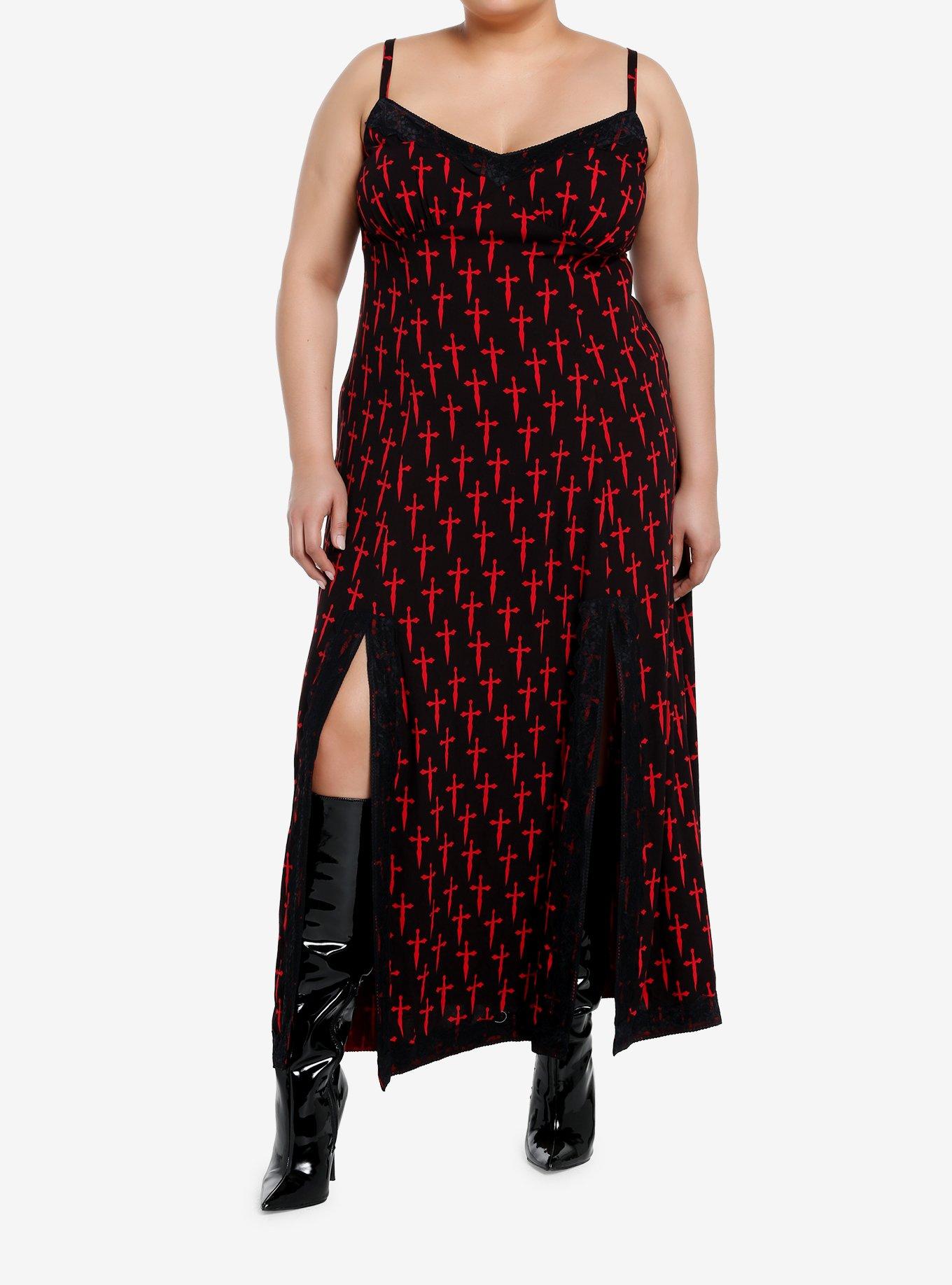 Social Collision Black & Red Dagger Maxi Slip Dress Plus Size, RED, hi-res