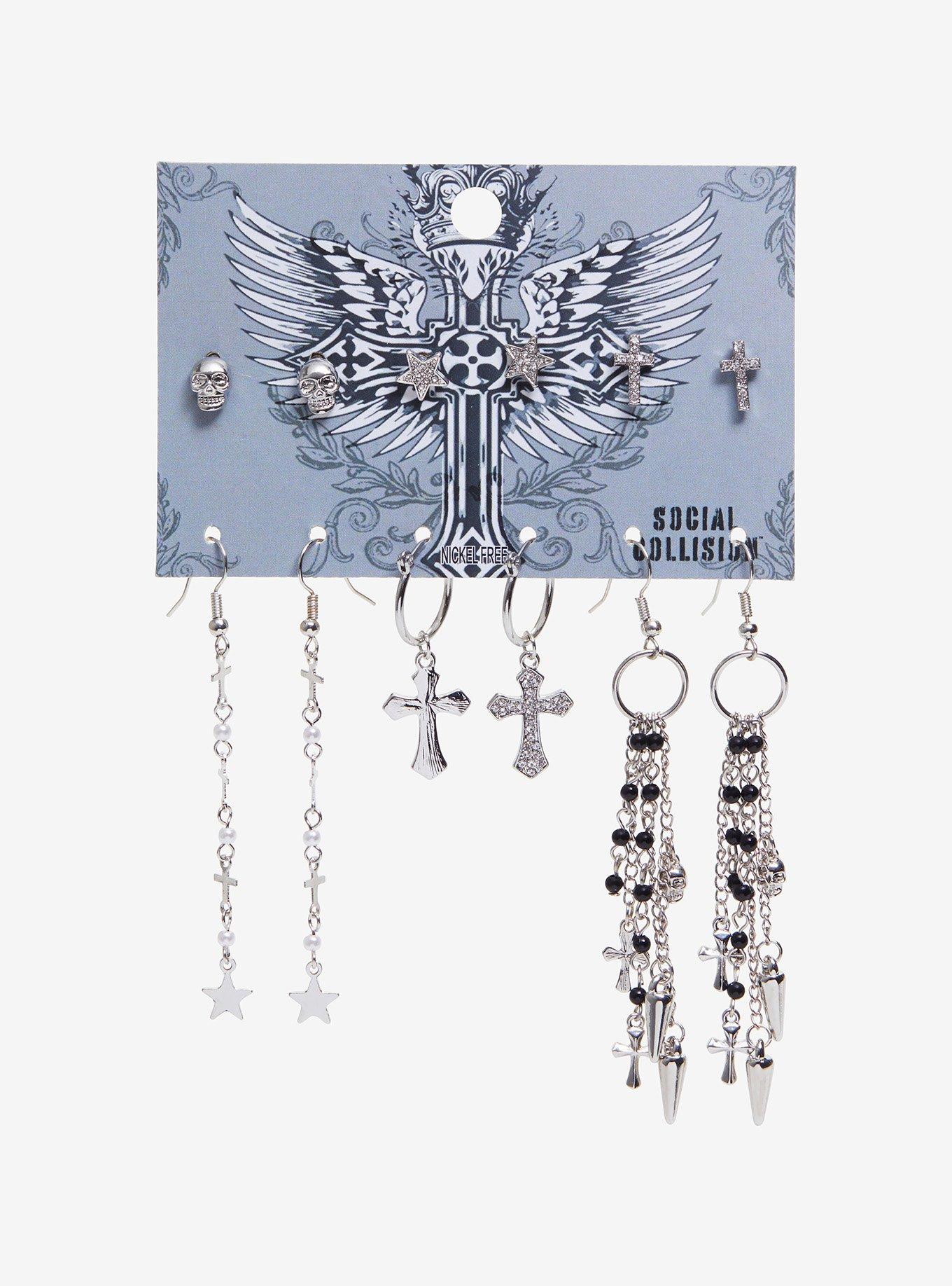 Social Collision Biker Skulls & Crosses Earring Set, , hi-res