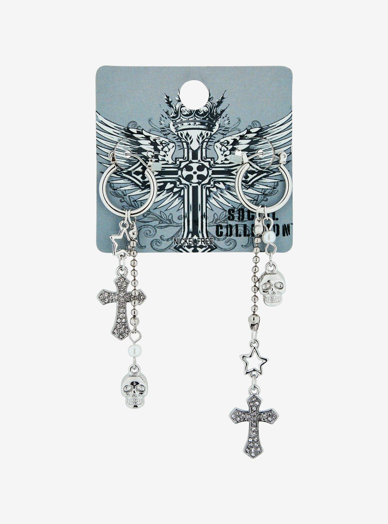 Social Collision Skull Cross Drop Earrings, , hi-res