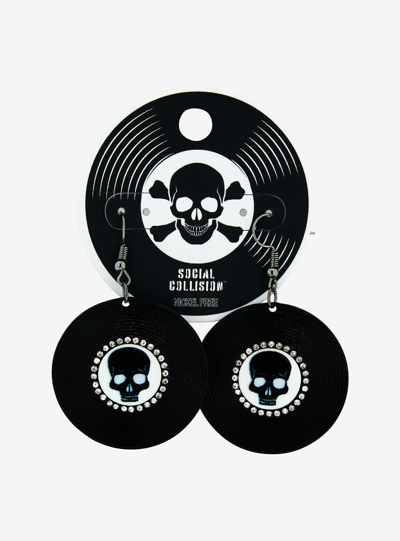 Social Collision Skull Record Drop Earrings, , hi-res