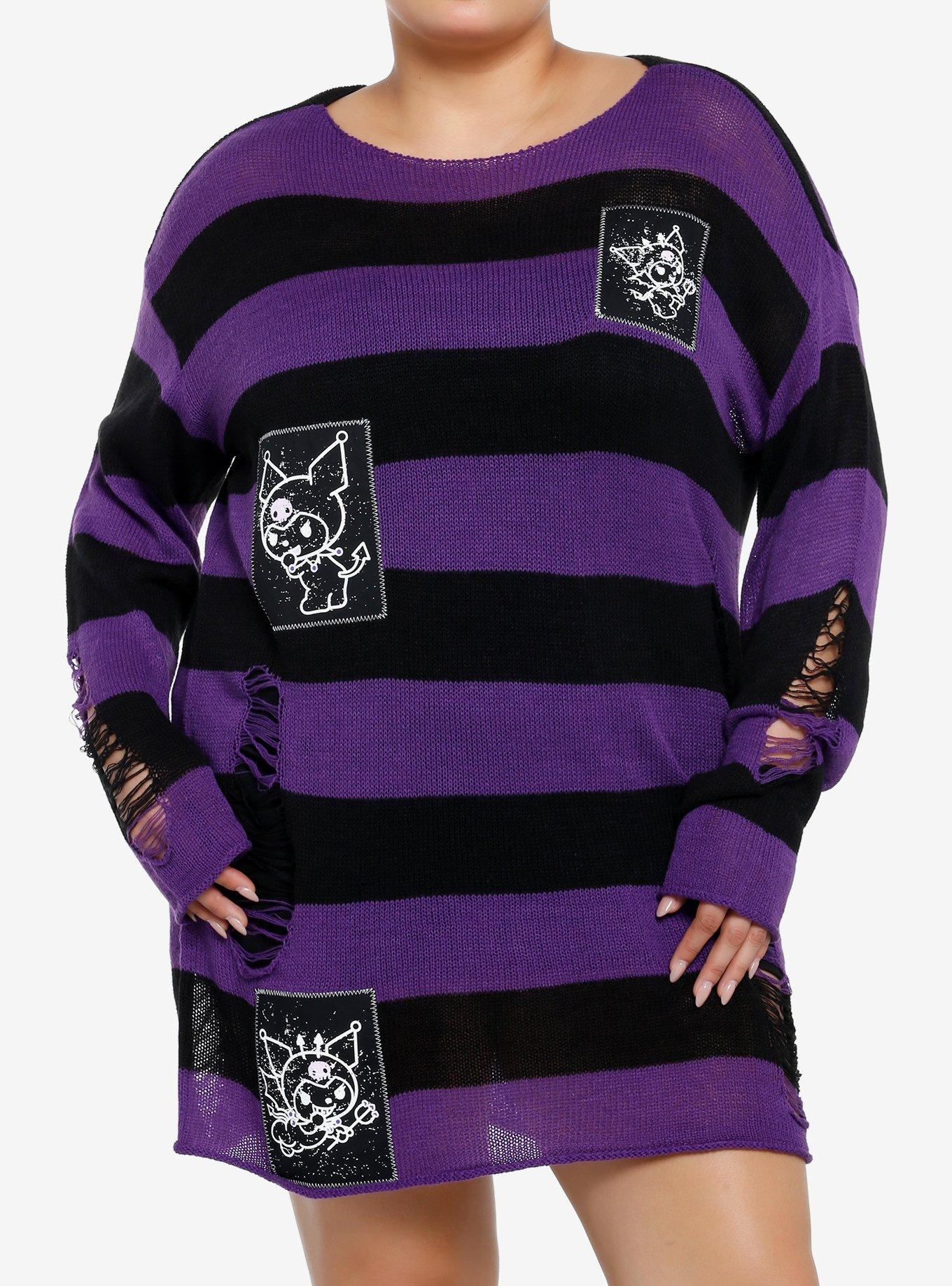 Knit Sweater Black And Purple Striped Jumper Kuromi Patches Stripe