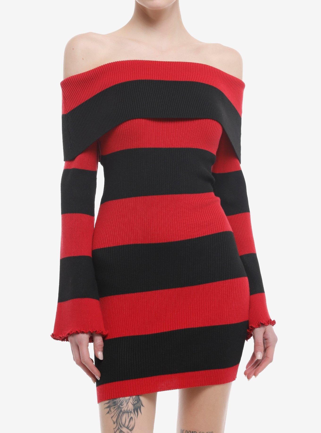 Black & Red Stripe Off-The-Shoulder Long-Sleeve Dress | Hot Topic