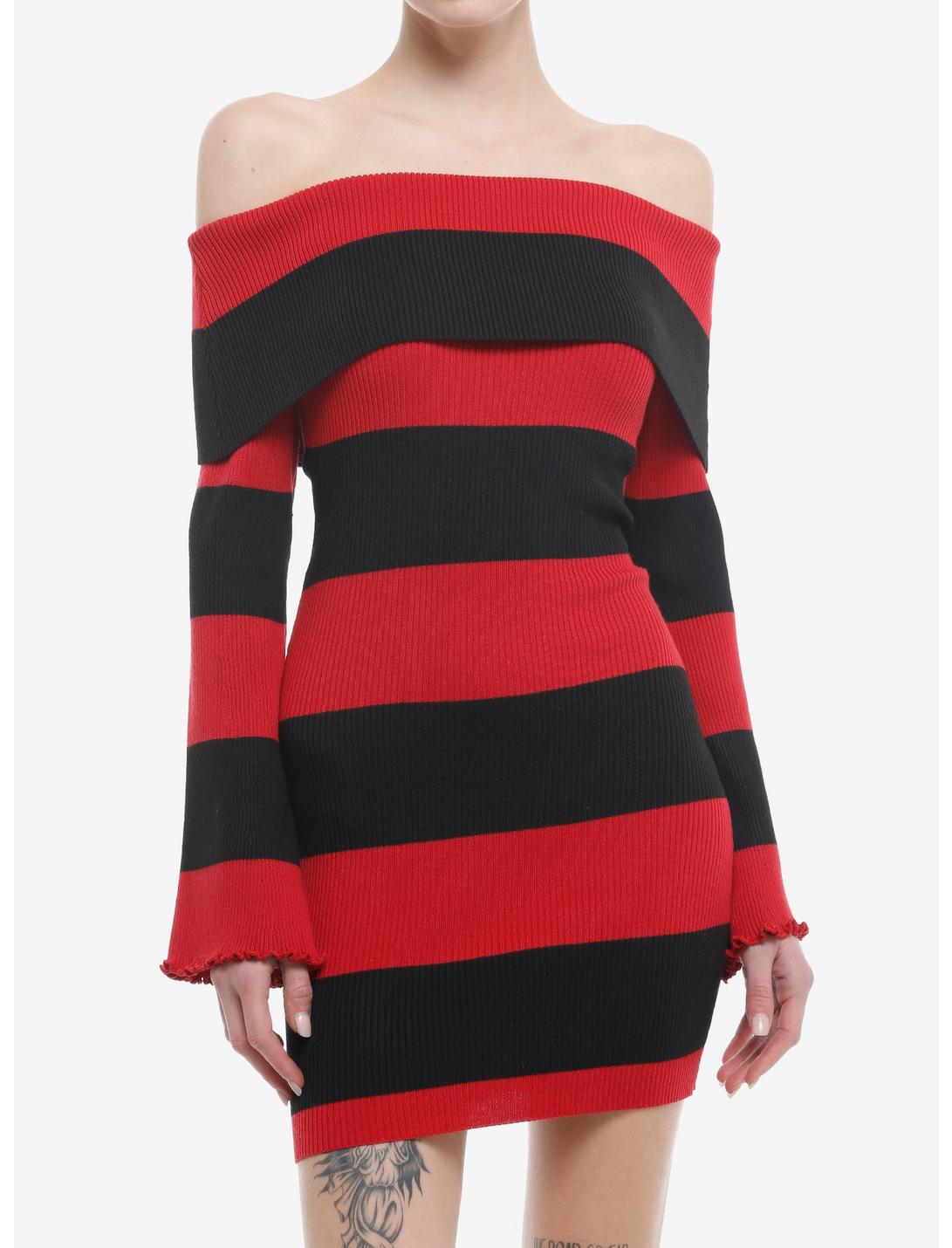 Black & Red Stripe Off-The-Shoulder Long-Sleeve Dress, BLACK, hi-res