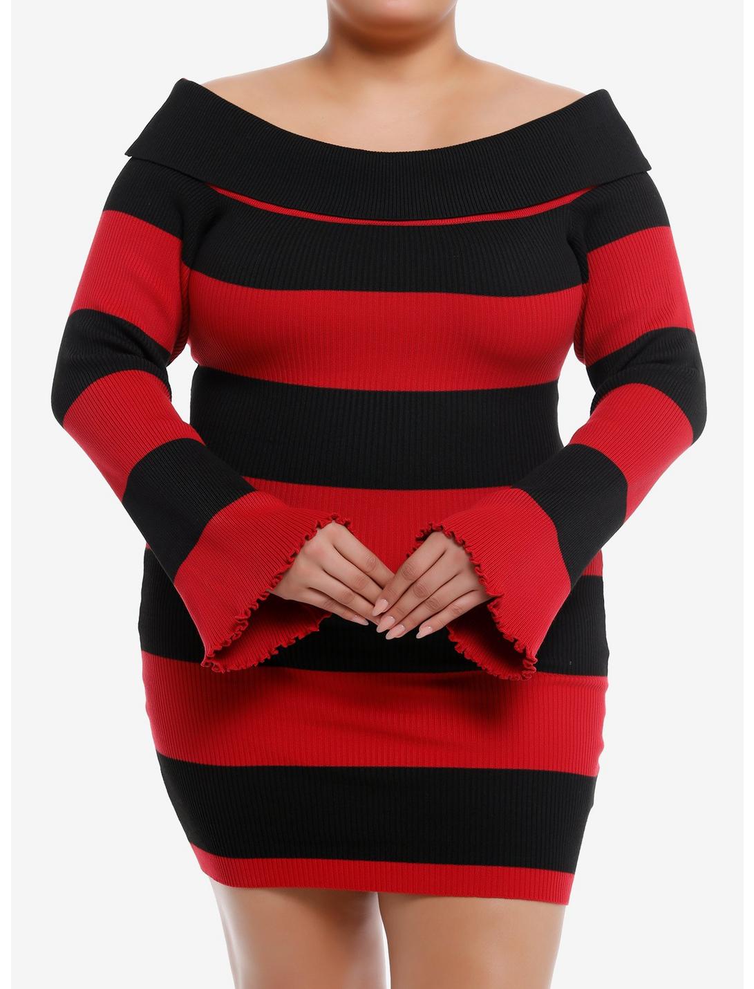 Black & Red Stripe Off-The-Shoulder Long-Sleeve Dress Plus Size, BLACK, hi-res