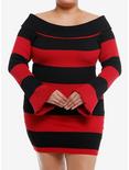 Black & Red Stripe Off-The-Shoulder Long-Sleeve Dress Plus Size, BLACK, hi-res