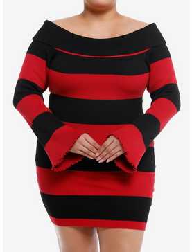Black & Red Stripe Off-The-Shoulder Long-Sleeve Dress Plus Size, , hi-res