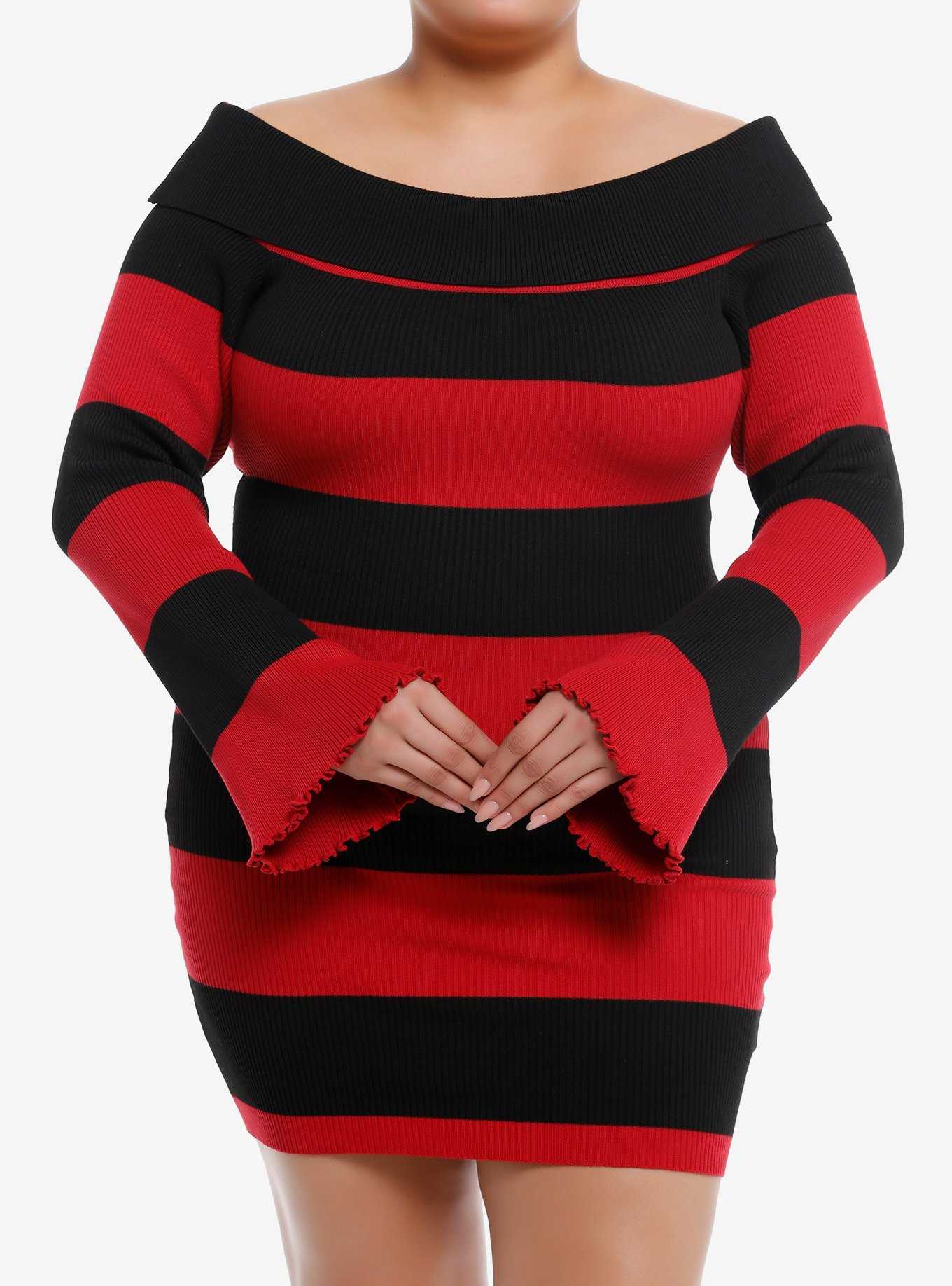 Black & Red Stripe Off-The-Shoulder Long-Sleeve Dress Plus Size, , hi-res