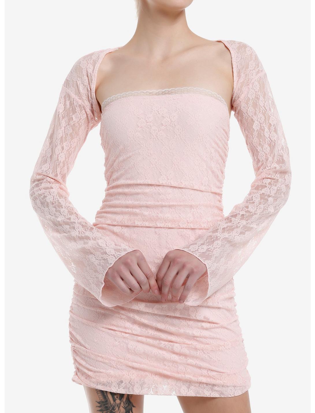Daisy Street Pink Lace Ruched Bell Sleeve Dress, PINK, hi-res