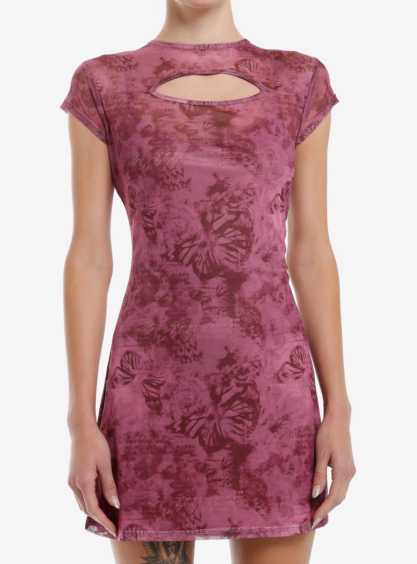 Pink Butterfly Cutout Mesh Mini Dress, , hi-res