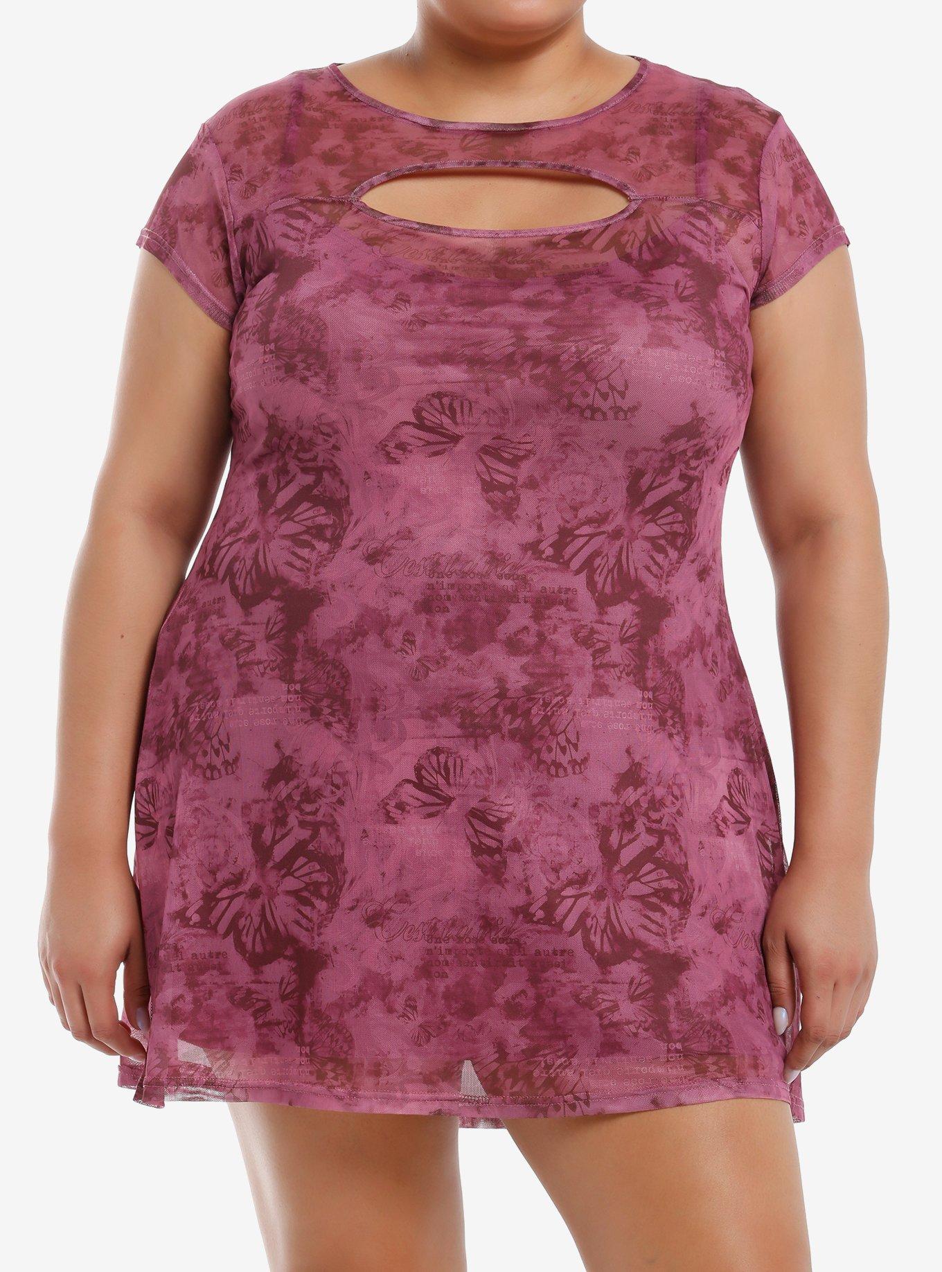 Pink Butterfly Cutout Mesh Mini Dress Plus Size, , hi-res