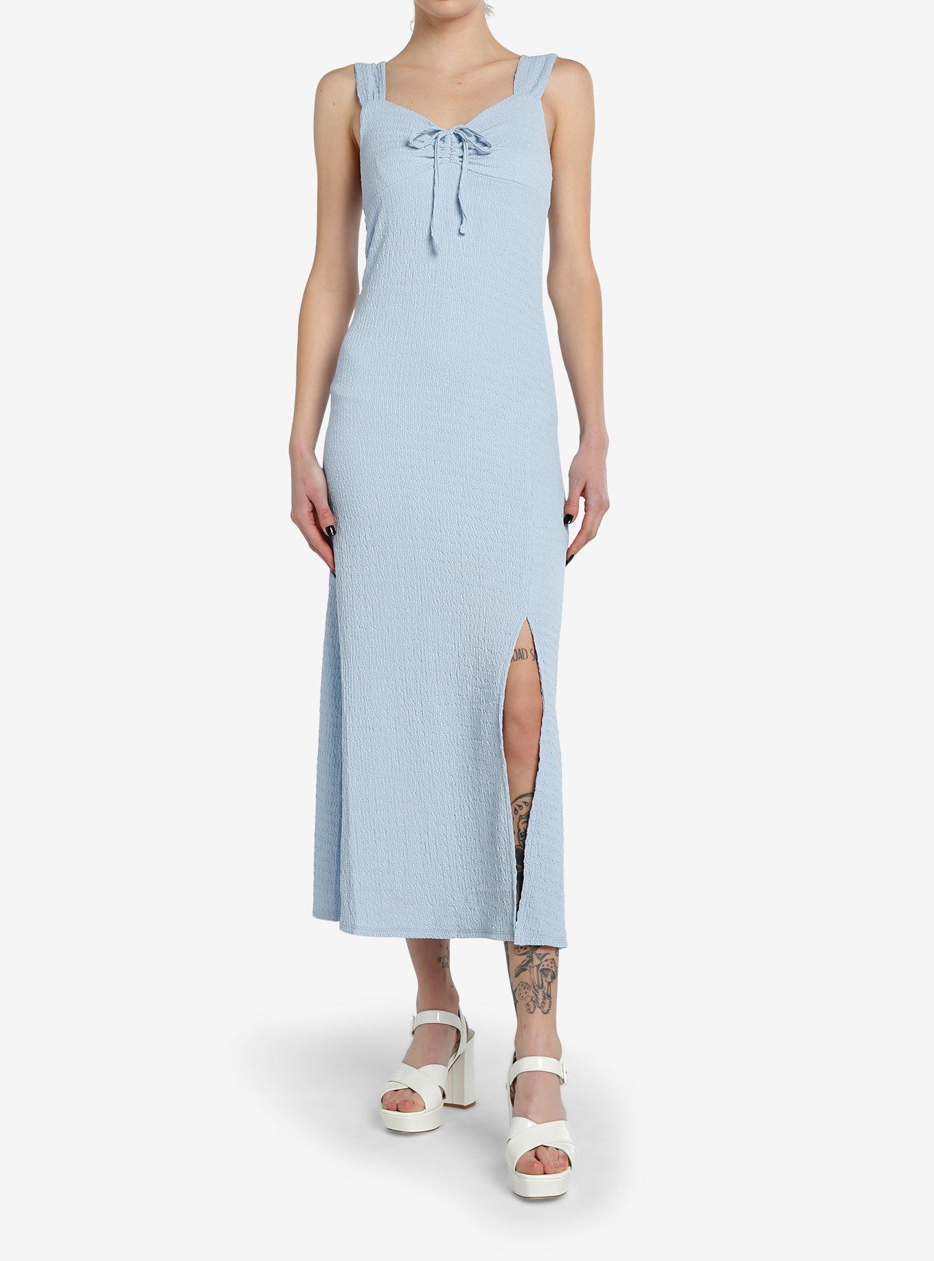 Light Blue Textured Slit Maxi Dress, , hi-res